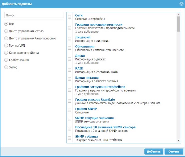 Виджеты, доступные для добавления в UserGate Log Analyzer